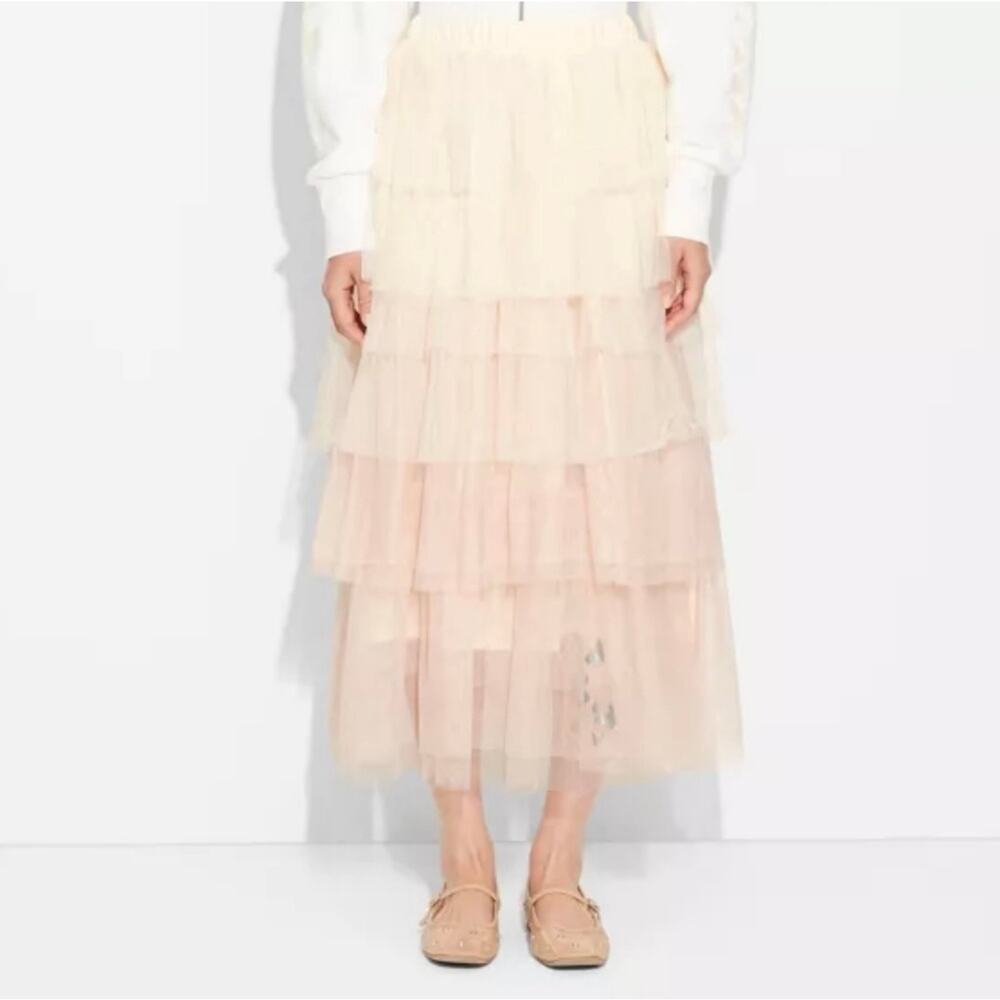 Universal Cream-Pink Tiered Tulle Midi Skirt